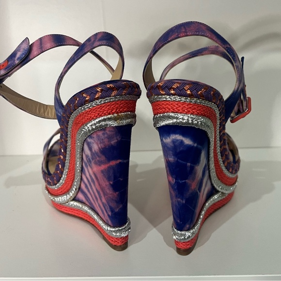 Never worn Christian Louboutin Multicolor Fabric Ankle Strap Platform Wedges - Picture 3 of 9